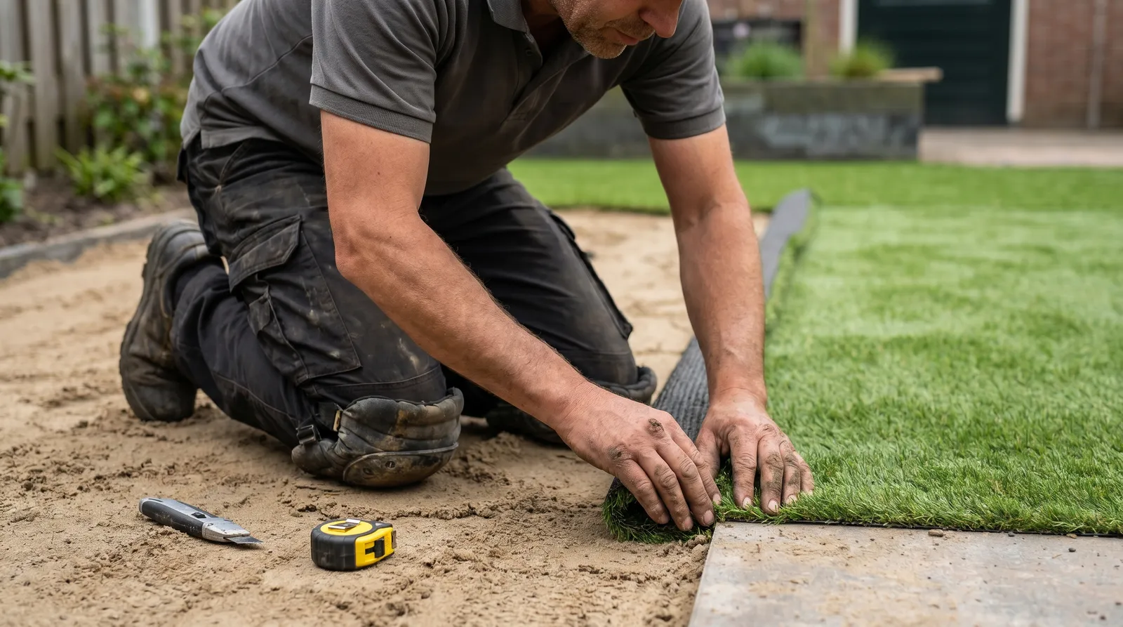 Gartenprofi verlegt Kunstrasen auf einem ebenen Sandbett, mit Maßband und Kunstrasen-Messer griffbereit