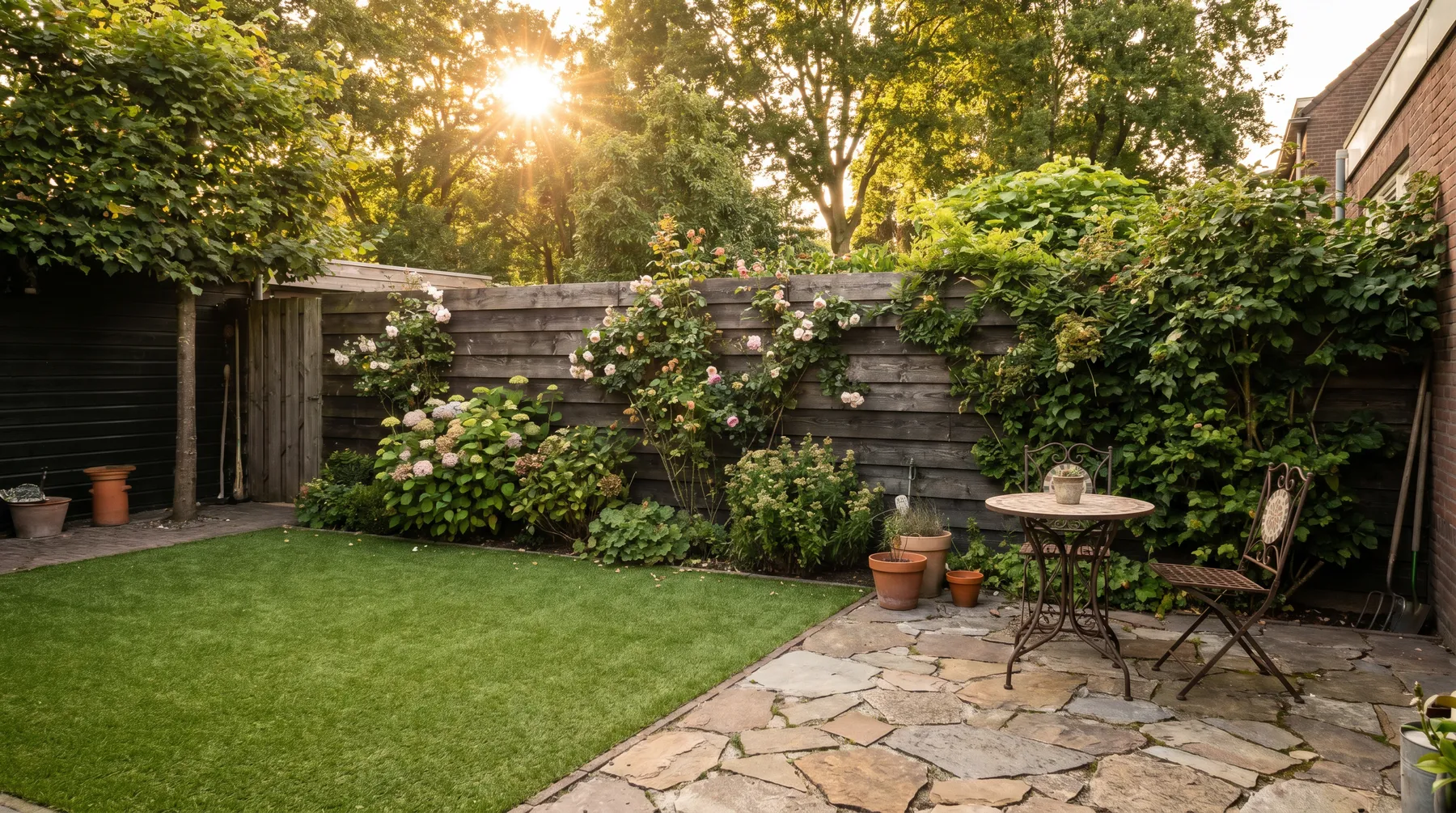 Stimmungsvoller Garten im Abendlicht mit gepflegtem Kunstrasen und einer Natursteinterrasse