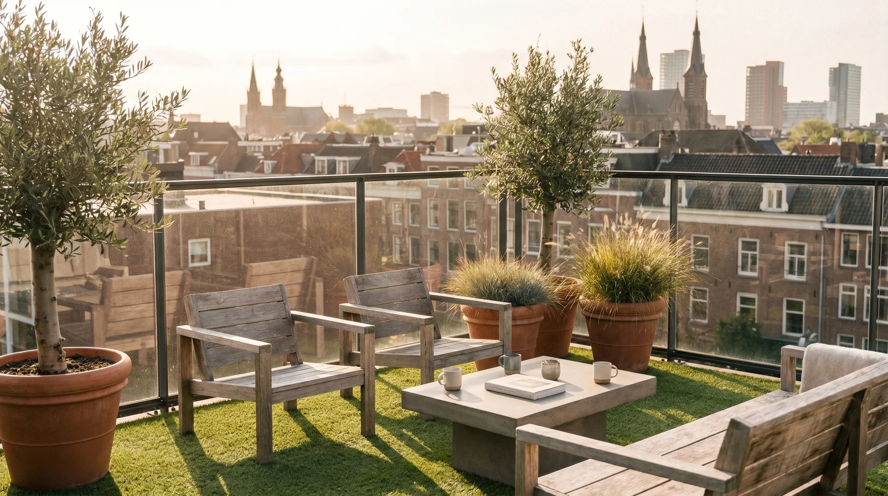 Dachterrasse mit Kunstrasen und Olivenbäumen, mit der Stadt im Hintergrund